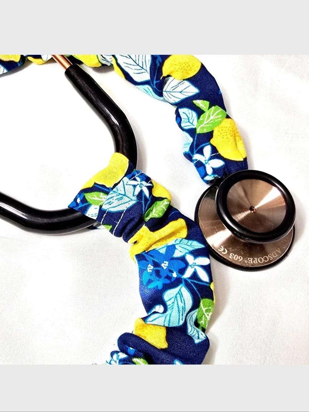 Handmade Blue Lemon Print  Stethoscope Sleeve: Washable Cotton Cover